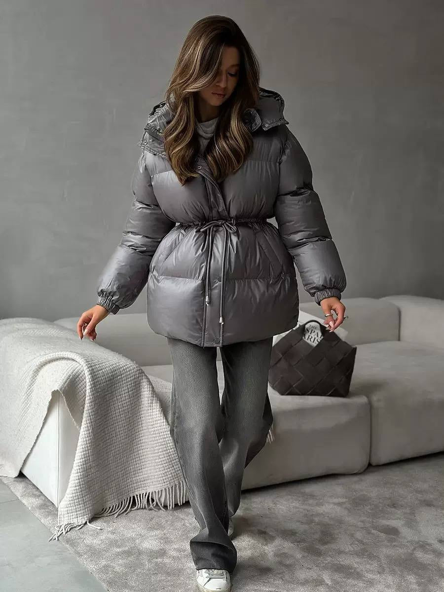 Below-Hip Hooded Puffer Jacket With Adjustable Waist – Grey