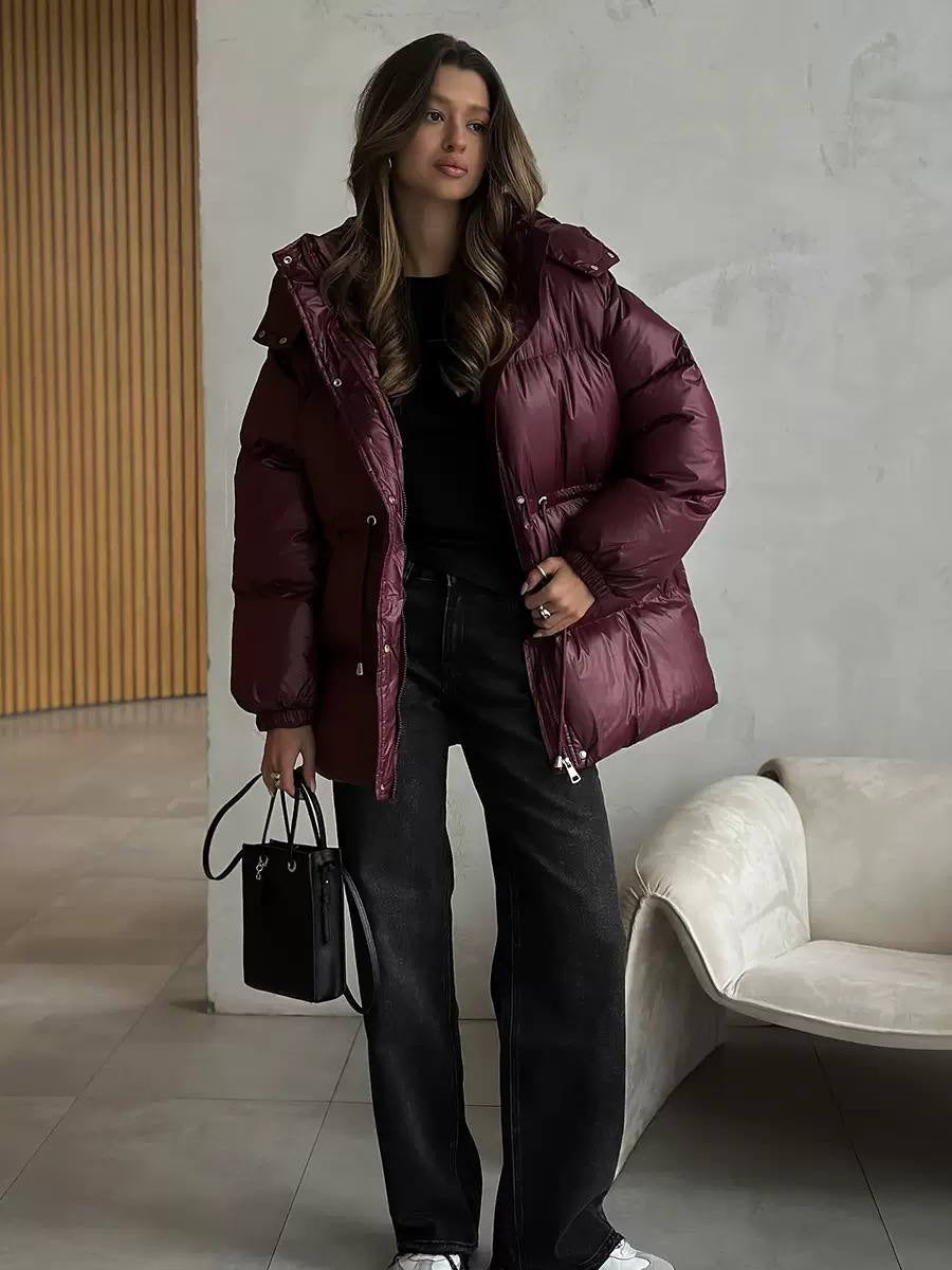 Below-Hip Hooded Puffer Jacket With Adjustable Waist – Burgundy