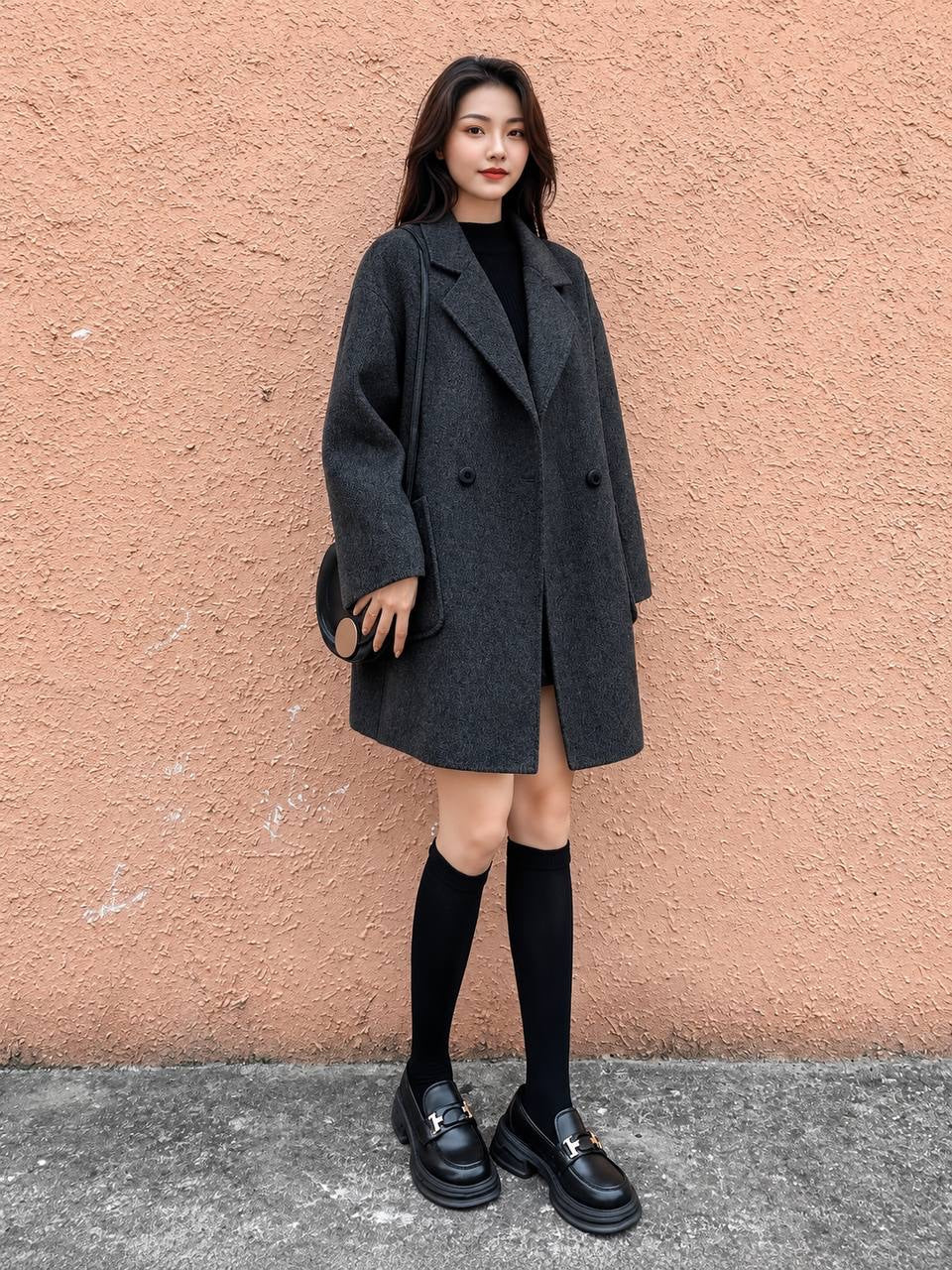 Patch-Pocket Coat With Wide Lapels And Long Sleeves – Grey