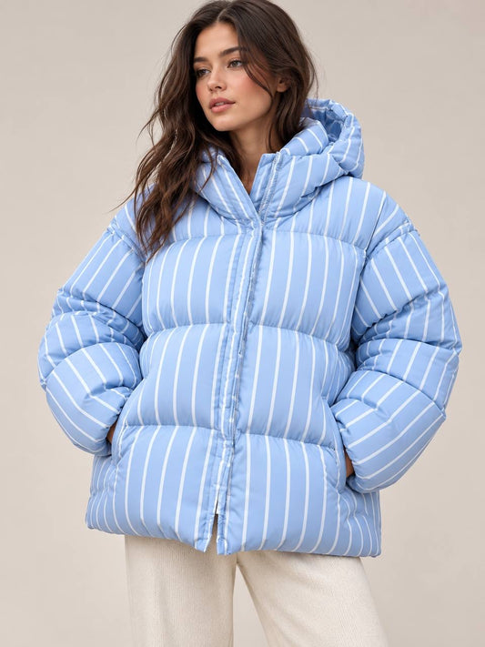 Striped Hooded Zip-Front Puffer Jacket With Pockets – Light Blue Stripe