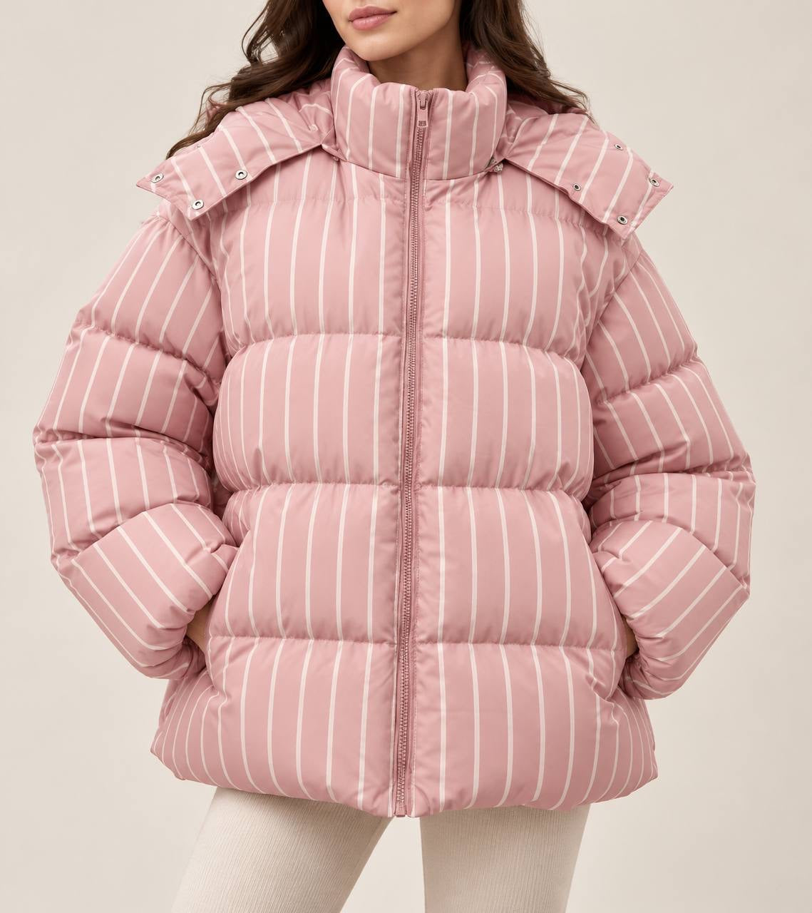 Striped Hooded Zip-Front Puffer Jacket With Pockets – Pink Stripe