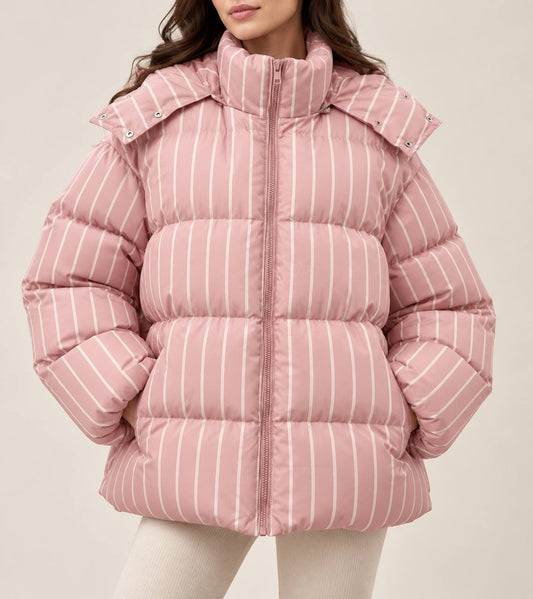 Striped Hooded Zip-Front Puffer Jacket With Pockets – Pink Stripe