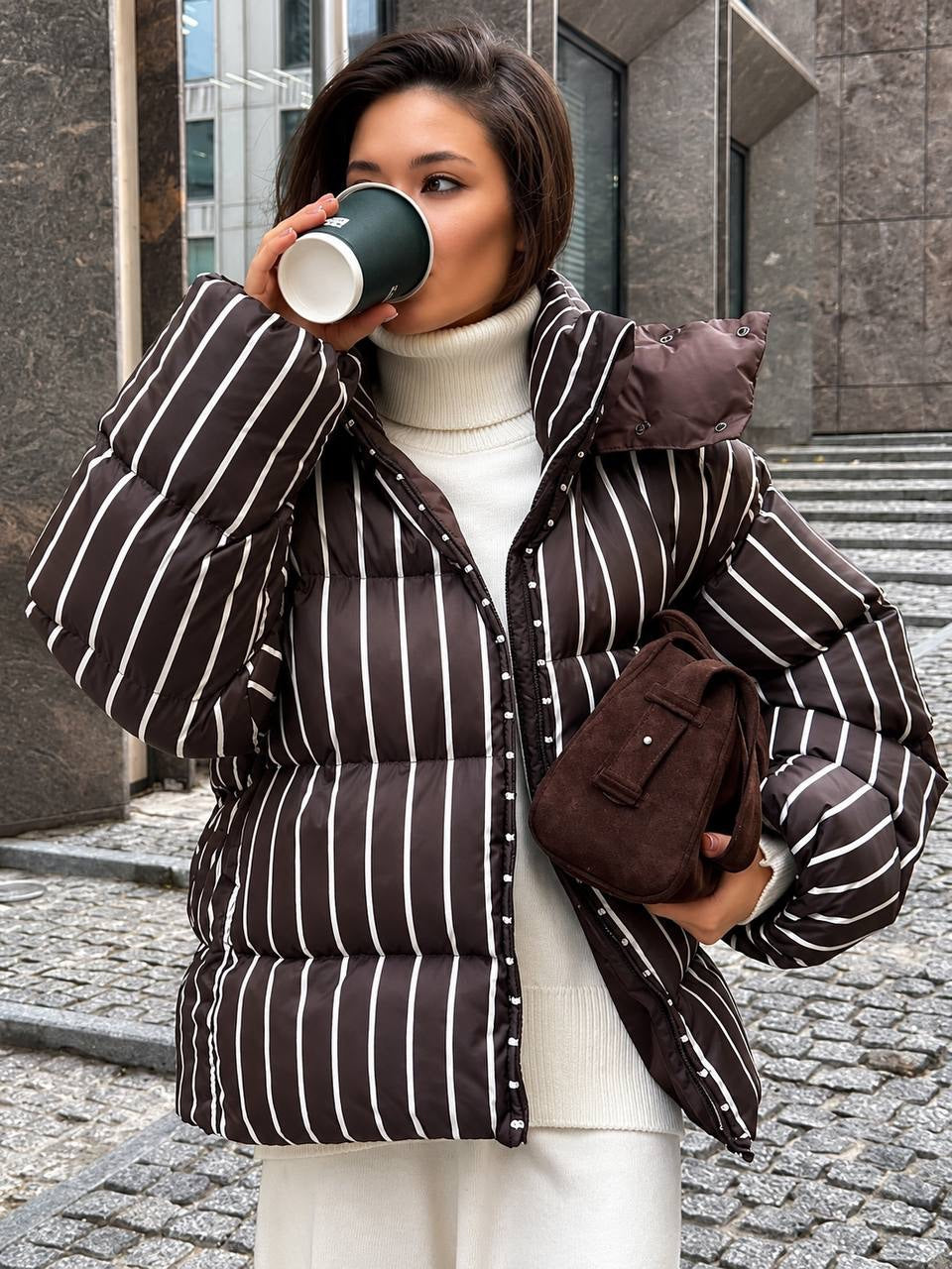 Striped Hooded Zip-Front Puffer Jacket With Pockets – Brown Stripe