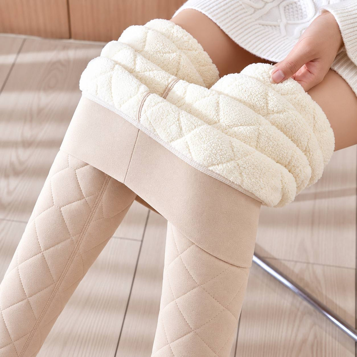 Diamond Quilted Slim Pants With Cuffed Ankles – Beige