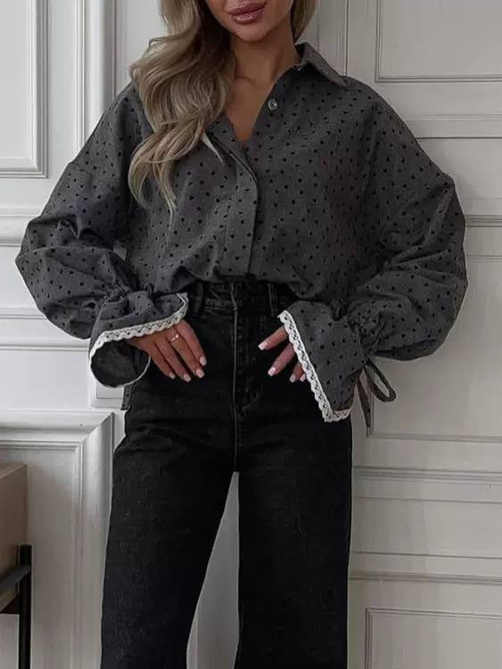 Heart Print Blouse With Lace-Trimmed Tie Cuffs – Grey Heart Print