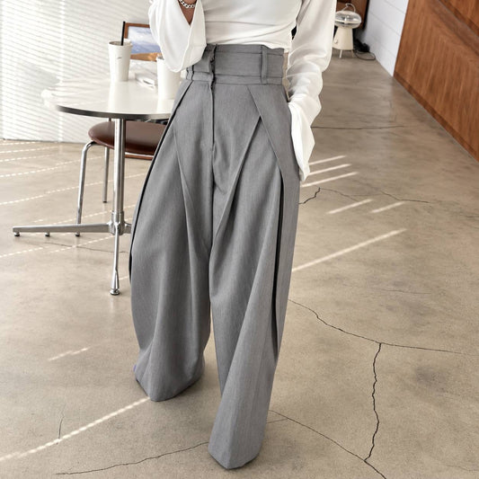 High-Waisted Wide-Leg Pants With Sculptural Pleats – Grey