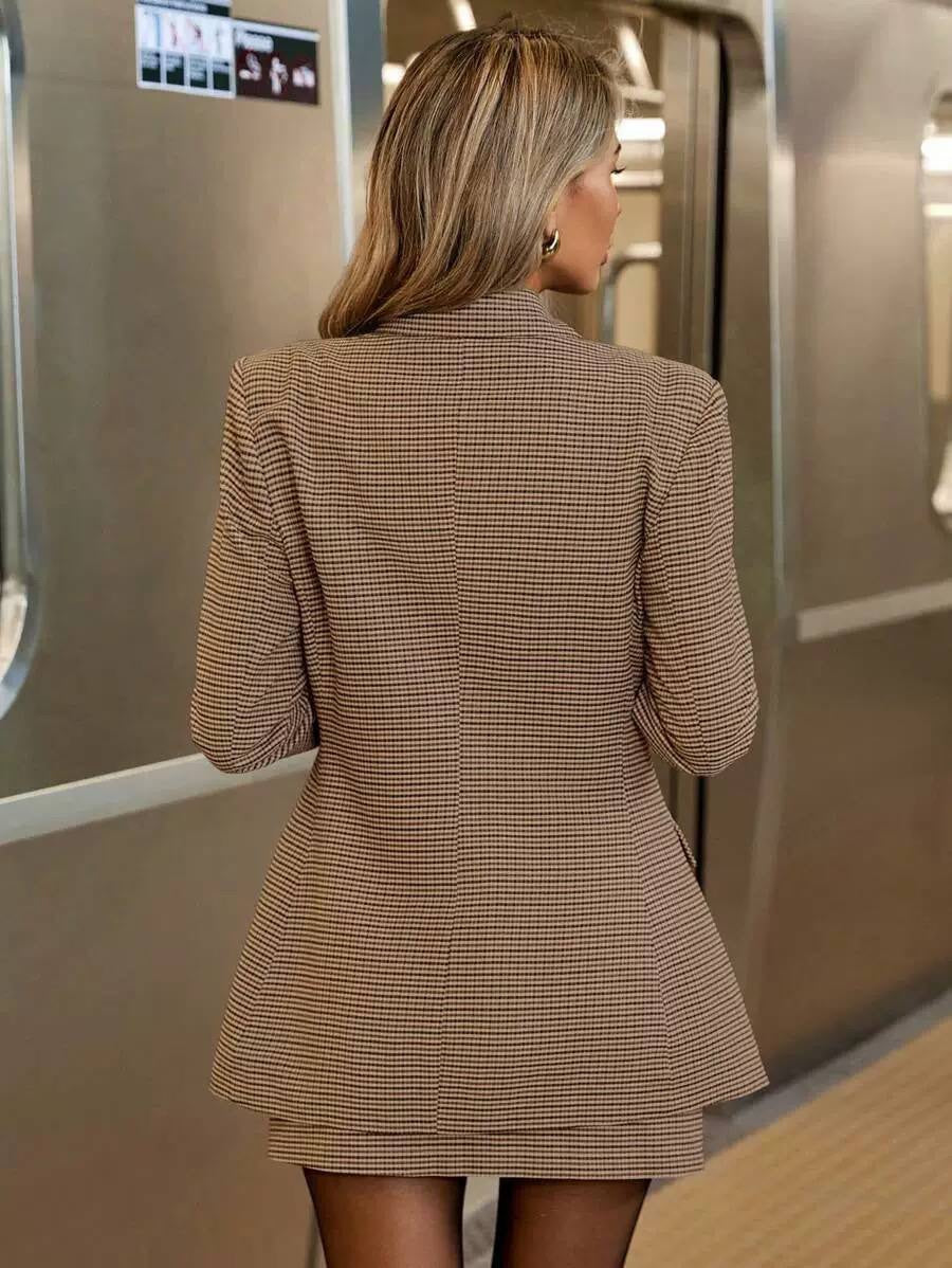 Checked Notched Lapel Blazer and Mini Skirt Set – Brown Check