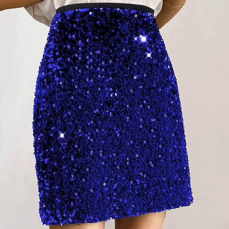 High-Waisted Sequin Mini Skirt With Contrast Waistband – Blue