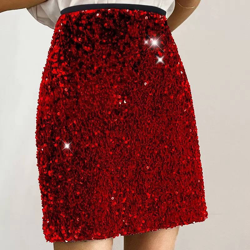 High-Waisted Sequin Mini Skirt With Contrast Waistband – Red
