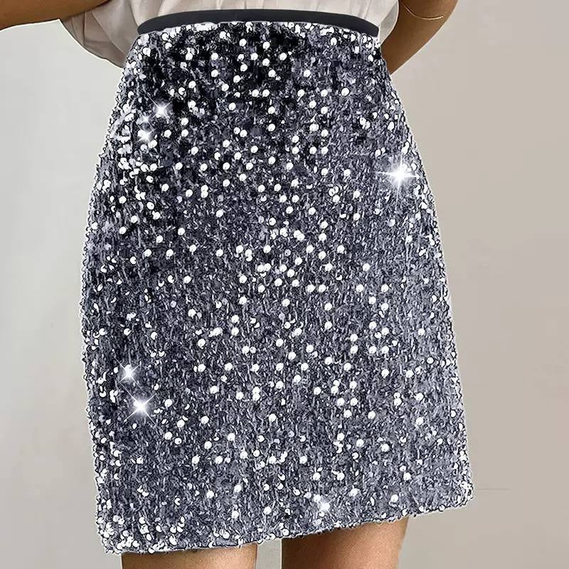 High-Waisted Sequin Mini Skirt With Contrast Waistband – Silver