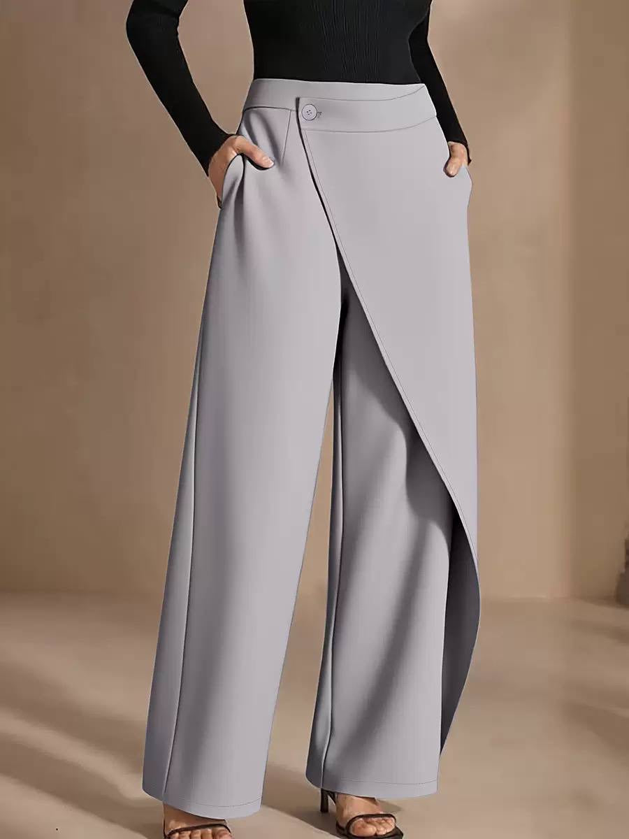 High-Waisted Wide-Leg Pants With Asymmetric Front Overlay – Grey