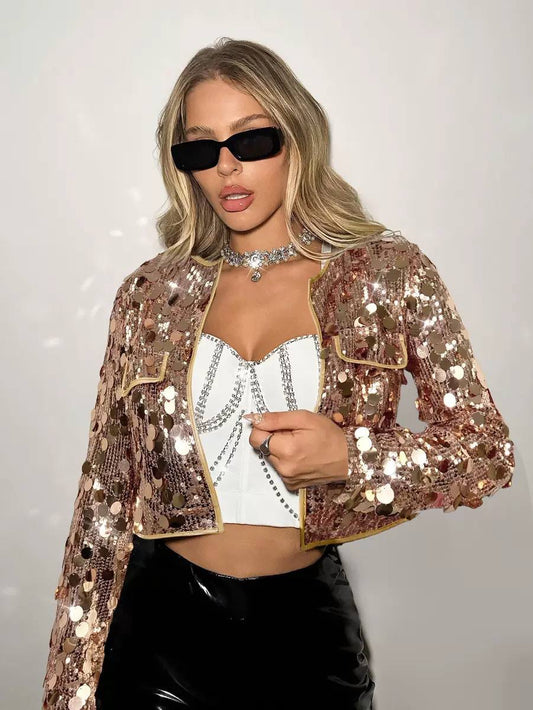 Cropped Sequin Open-Front Jacket With Long Sleeves – Rose Gold