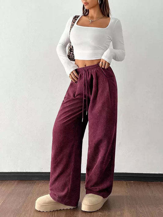 Ribbed Wide Leg Drawstring Pants With Side Pockets – Burgundy