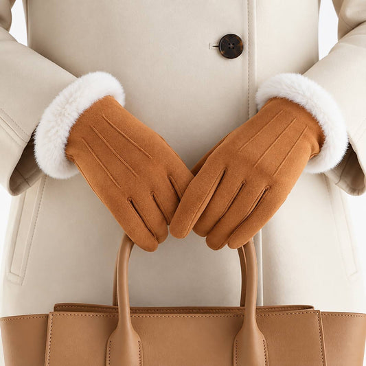 Triple-Stitched Gloves With Suede-Look Finish And Fluffy Trim – Tan