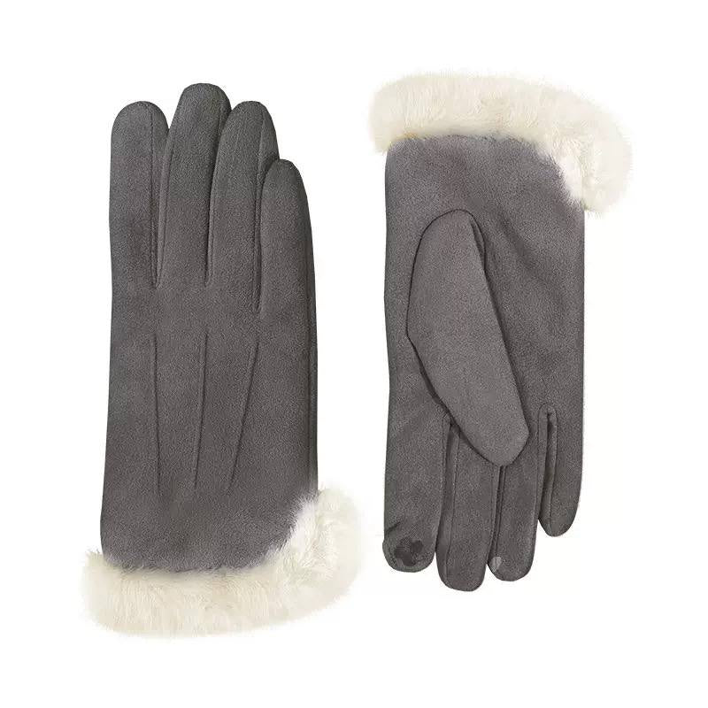 Triple-Stitched Gloves With Suede-Look Finish And Fluffy Trim – Grey