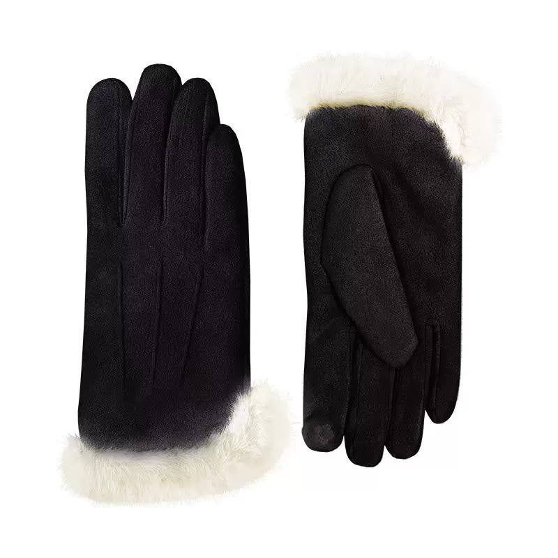 Triple-Stitched Gloves With Suede-Look Finish And Fluffy Trim – Black