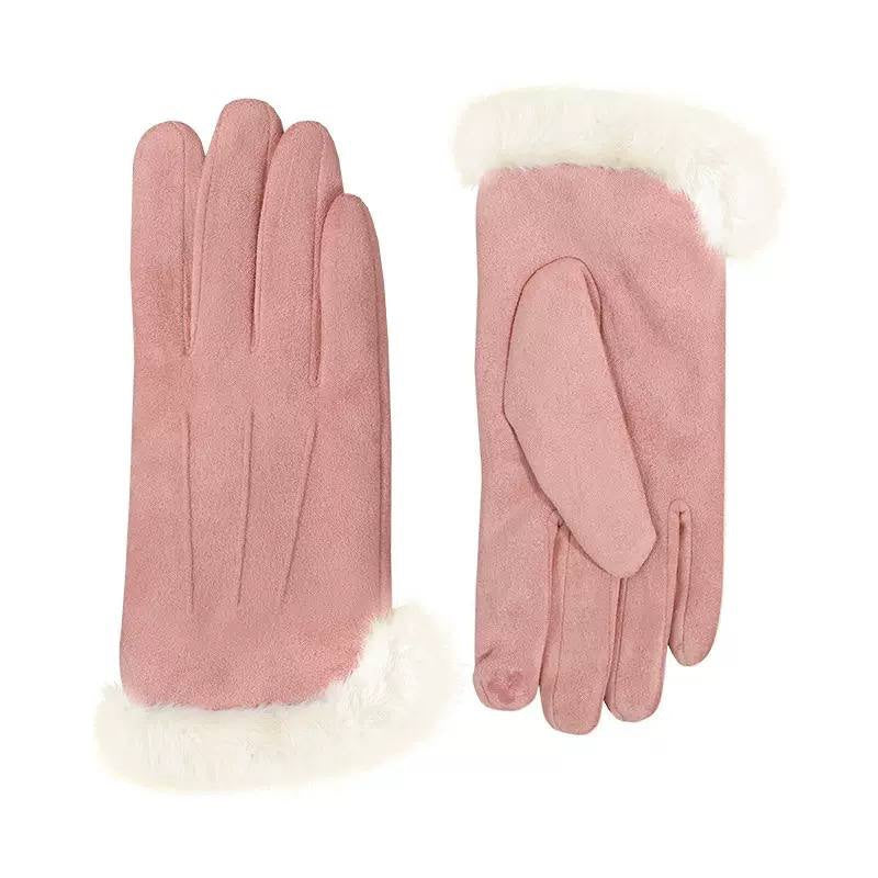 Triple-Stitched Gloves With Suede-Look Finish And Fluffy Trim – Pink