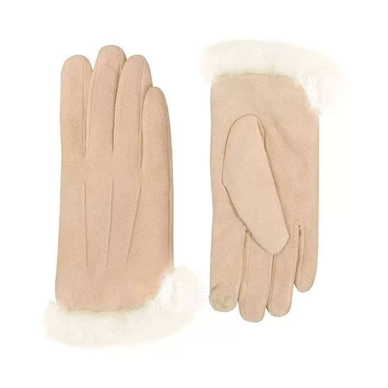 Triple-Stitched Gloves With Suede-Look Finish And Fluffy Trim – Beige