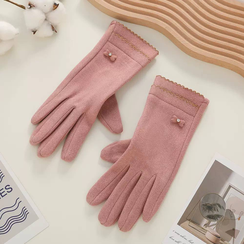 Full-Finger Gloves With Bow Accents And Scalloped Trim – Pink