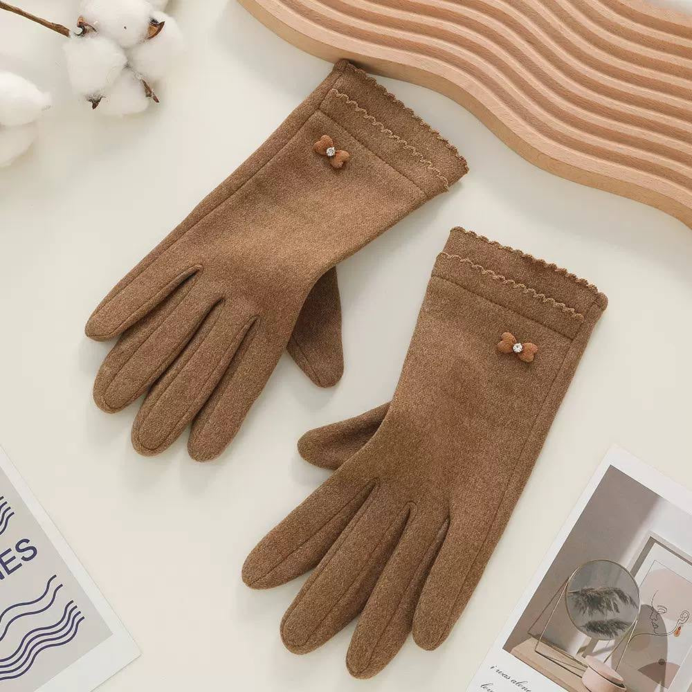 Full-Finger Gloves With Bow Accents And Scalloped Trim – Brown
