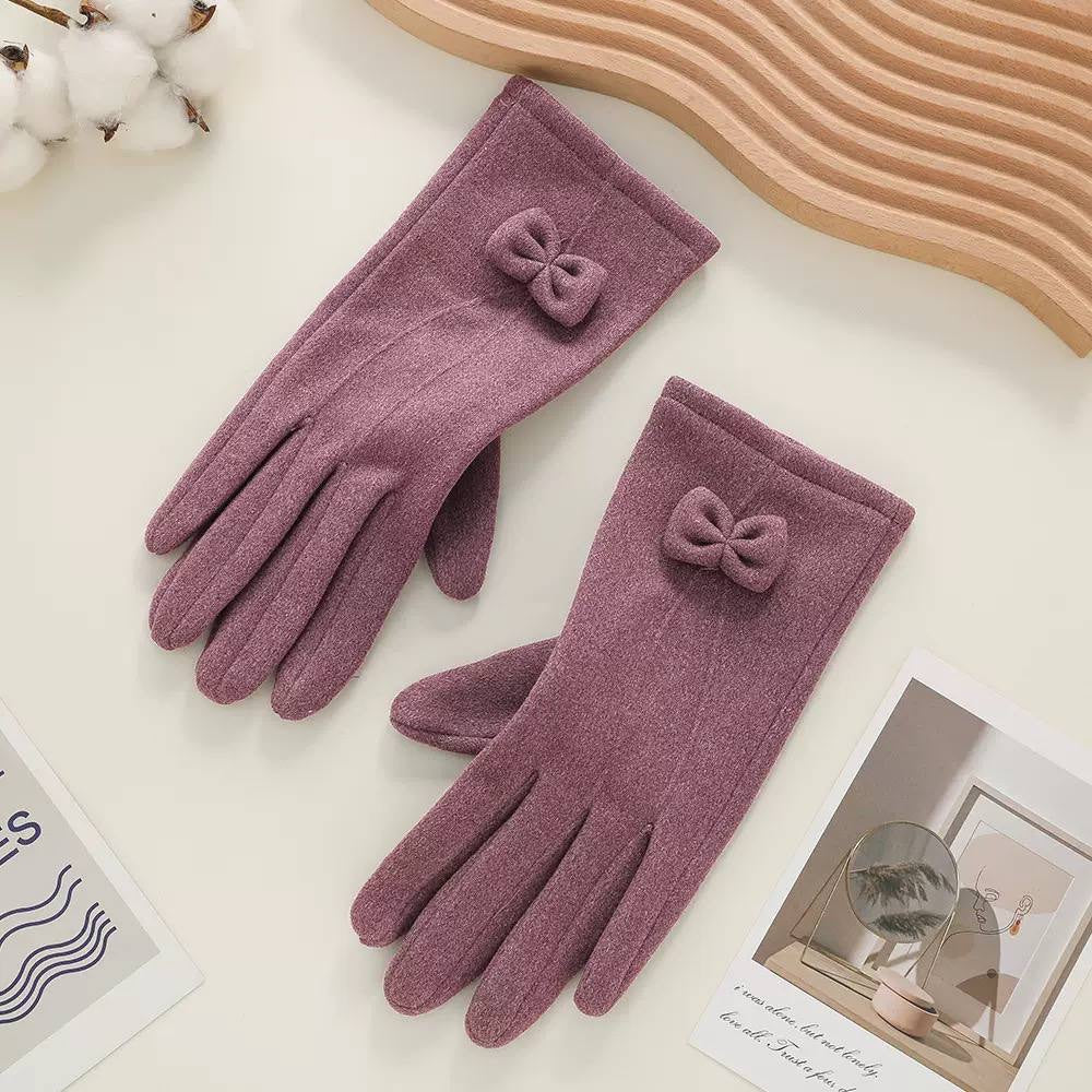 Bow-Accented Full-Finger Gloves With Neatly Stitched Cuffs – Mauve