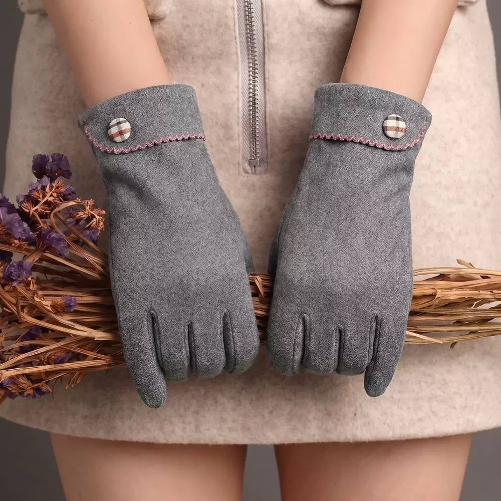 Plaid-Accented Gloves With Folded Cuffs And Zigzag Stitching – Grey