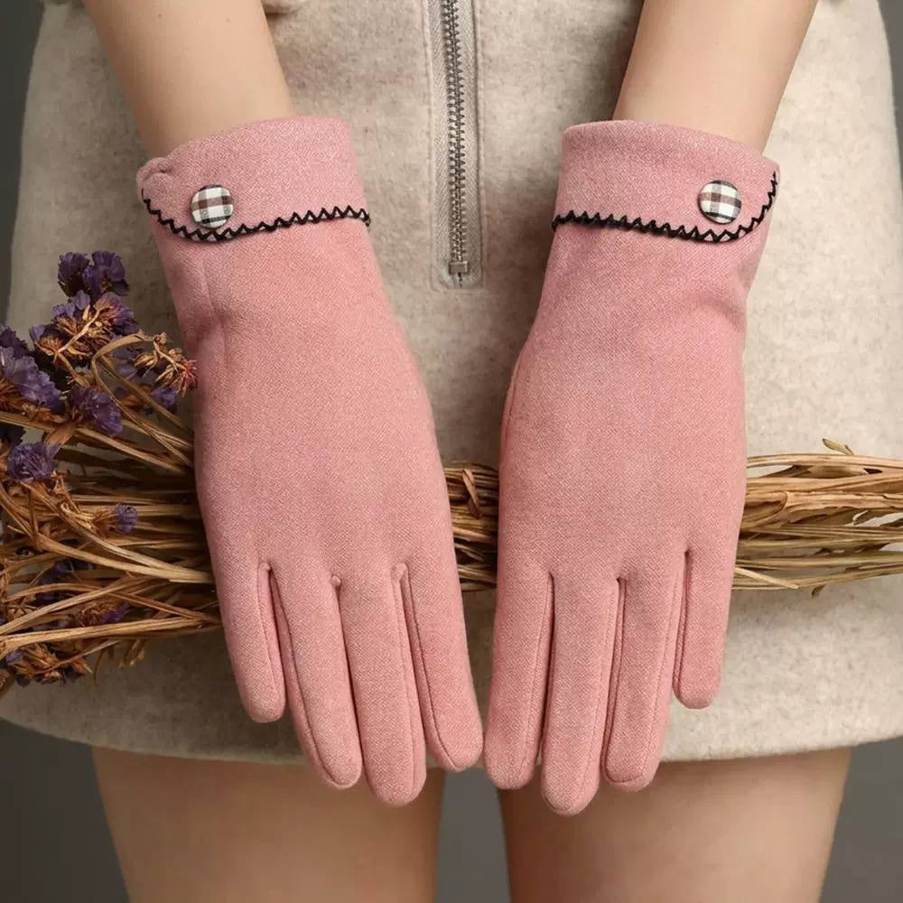 Plaid-Accented Gloves With Folded Cuffs And Zigzag Stitching – Pink