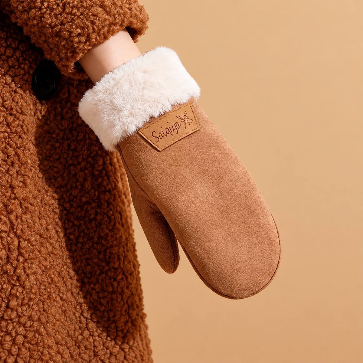 Textured Winter Mittens With Fluffy Cuffs And Patch Accents – Tan