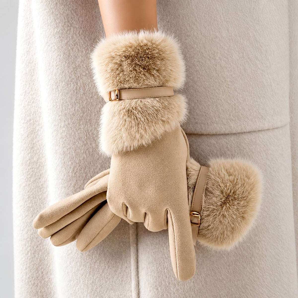 Buckled Winter Gloves With Deep Fluffy Wrist Cuffs – Beige