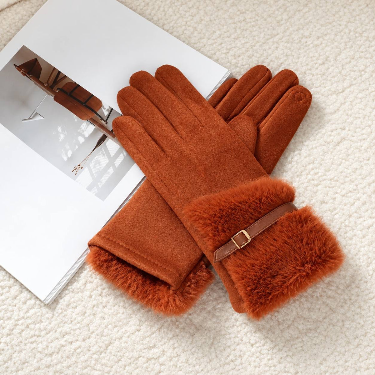 Buckled Winter Gloves With Deep Fluffy Wrist Cuffs – Rust