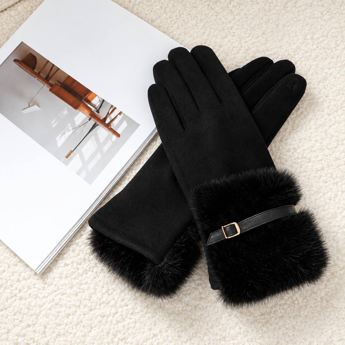 Buckled Winter Gloves With Deep Fluffy Wrist Cuffs – Black