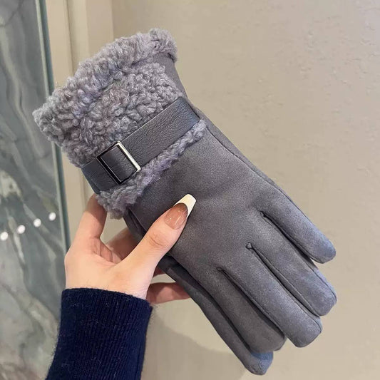 Women's Full-Finger Gloves With Buckle-Trimmed Foldover Cuffs – Grey