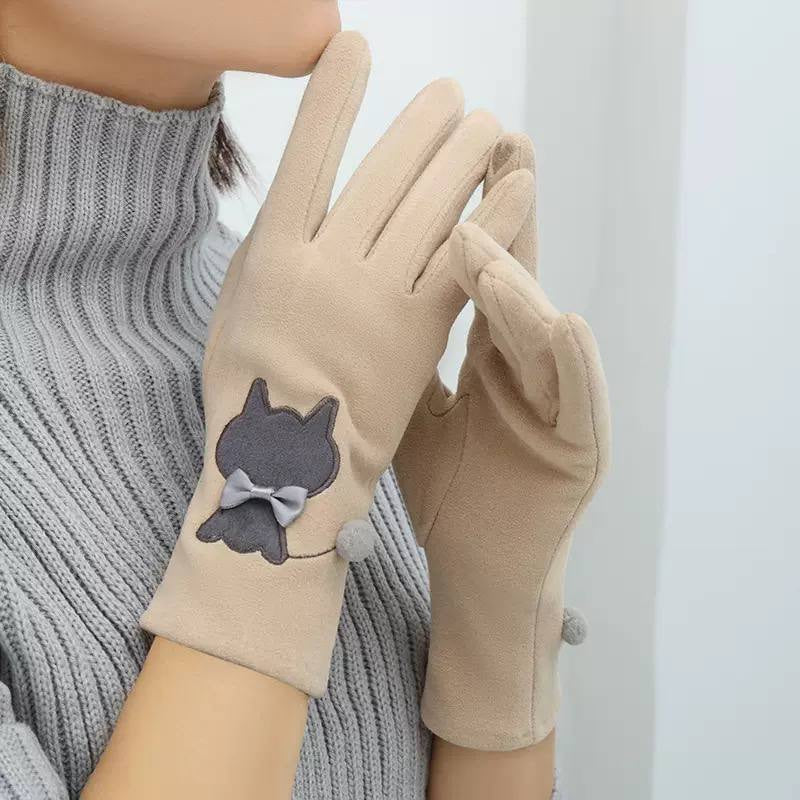 Women's Gloves With Cat Silhouettes And Petite Bows – Beige