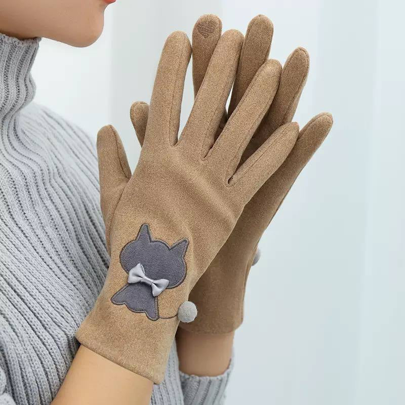 Women's Gloves With Cat Silhouettes And Petite Bows – Tan