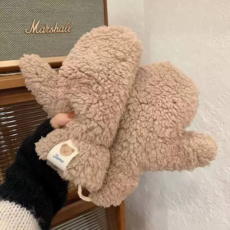 Curled-Texture Mittens With Rounded Tips and Bear Tabs – Tan