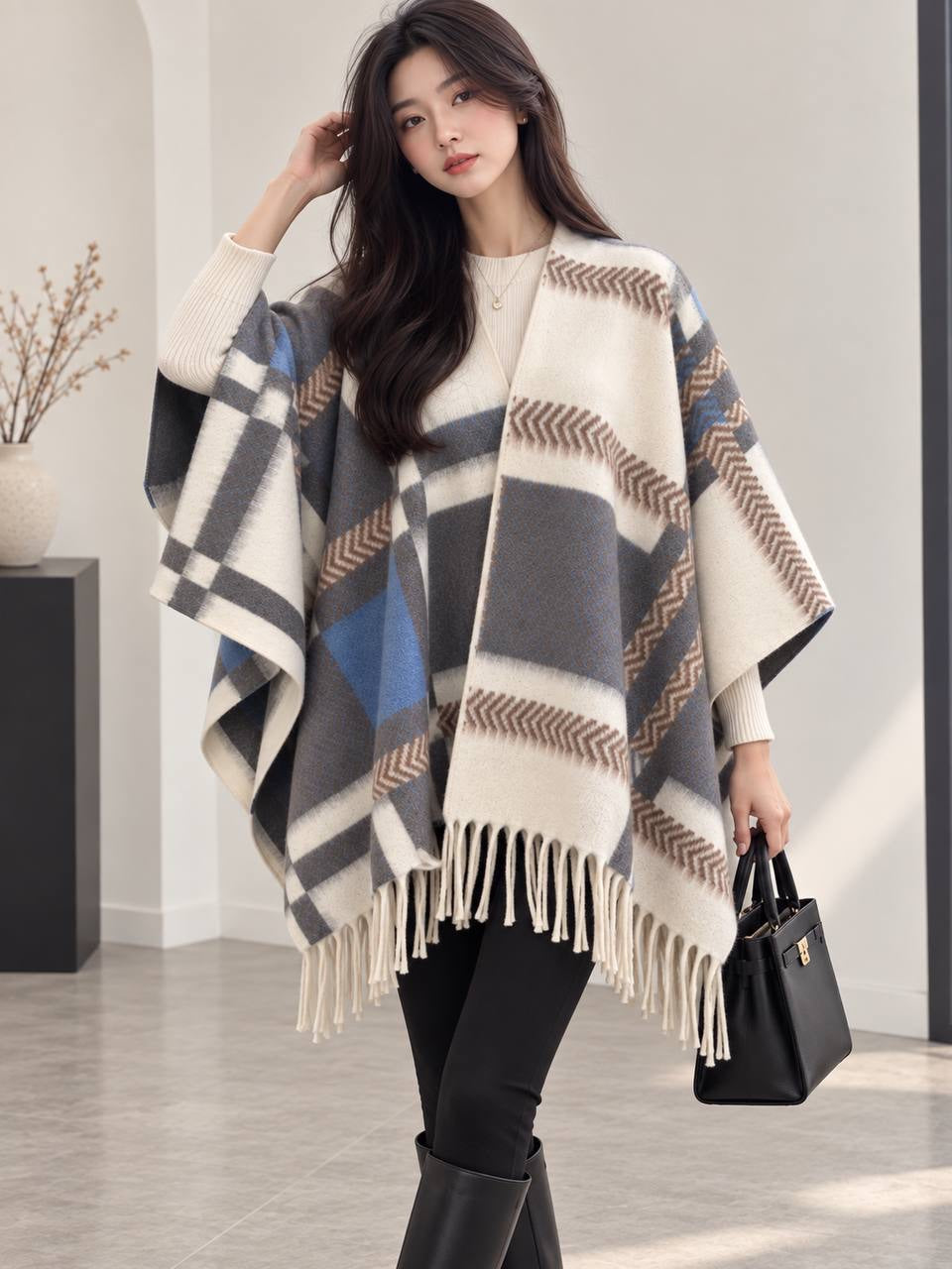 Patterned Shawl Cape With Long Fringe And Draped Sides – Blue And Grey Check