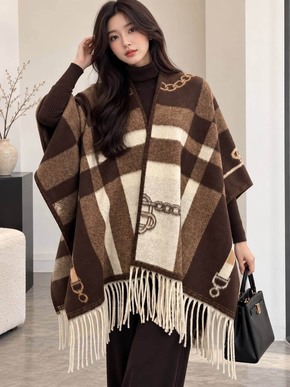 Patterned Shawl Cape With Long Fringe And Draped Sides – Brown Chain Check