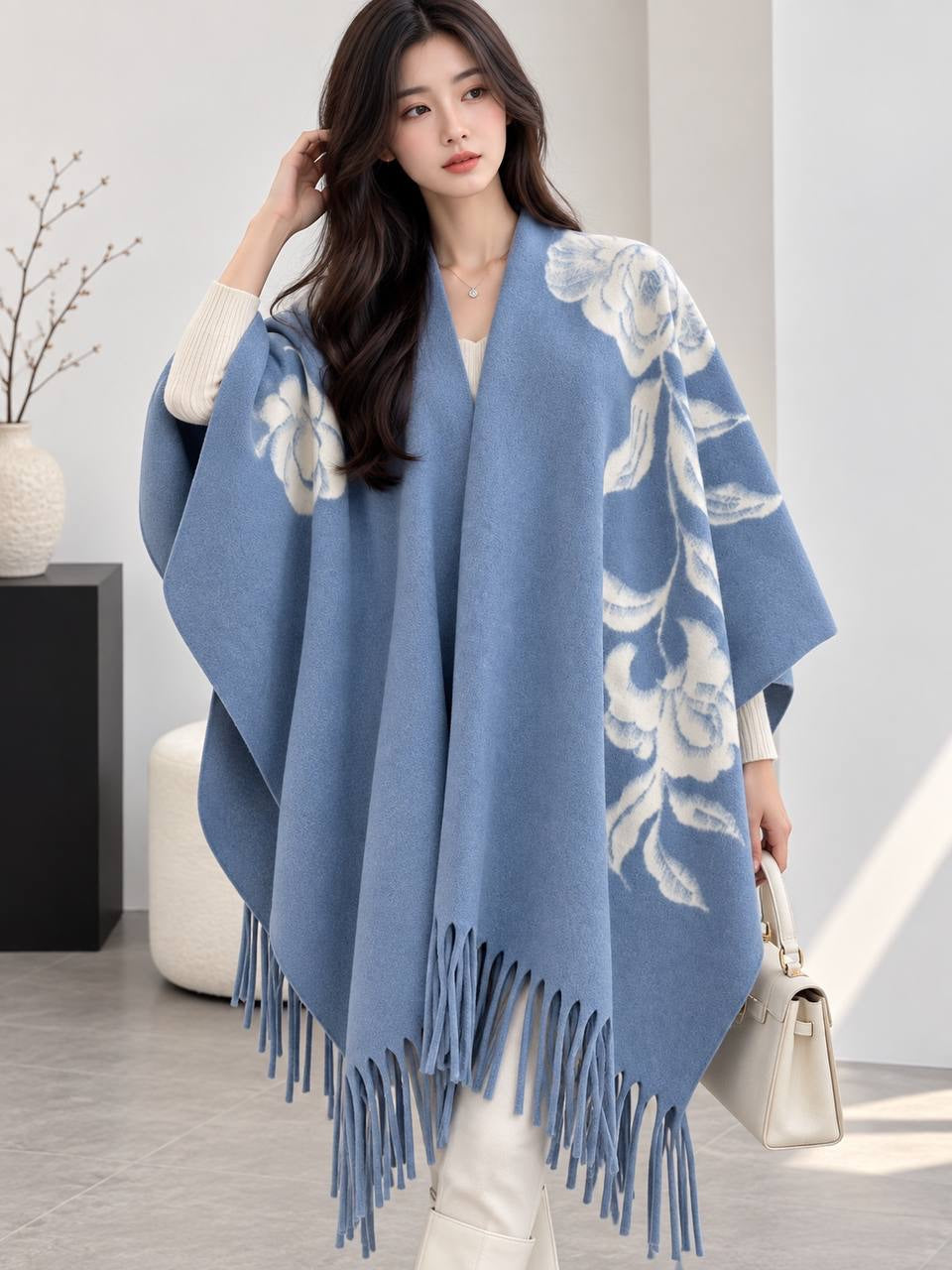 Patterned Shawl Cape With Long Fringe And Draped Sides – Blue Floral