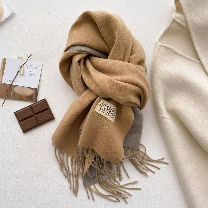 Label Accent Scarf With Cascading Folds And Tassels – Camel