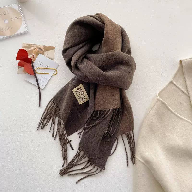 Label Accent Scarf With Cascading Folds And Tassels – Brown