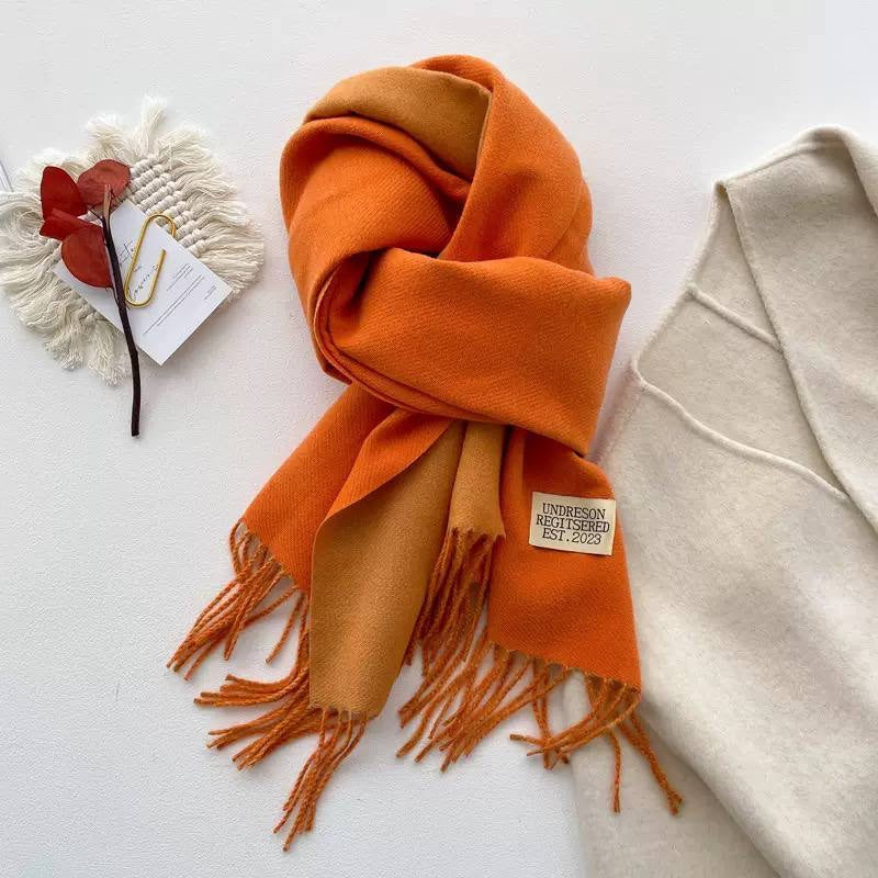 Label Accent Scarf With Cascading Folds And Tassels – Orange