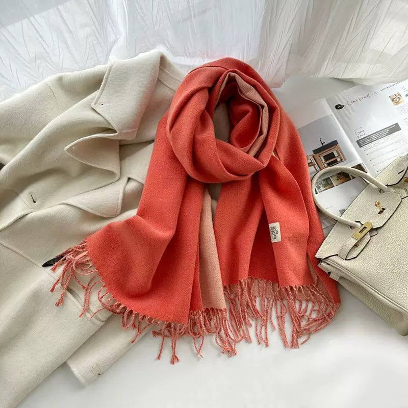 Label Accent Scarf With Cascading Folds And Tassels – Coral