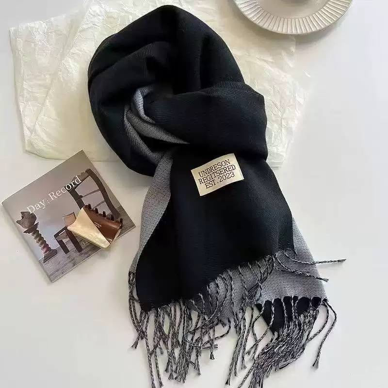 Label Accent Scarf With Cascading Folds And Tassels – Black