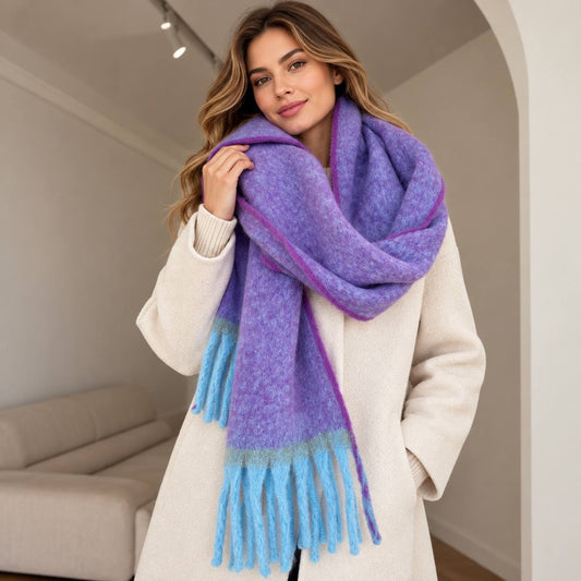 Brushed-Look Scarf With Flowing Ends And Thick Fringe – Purple And Blue