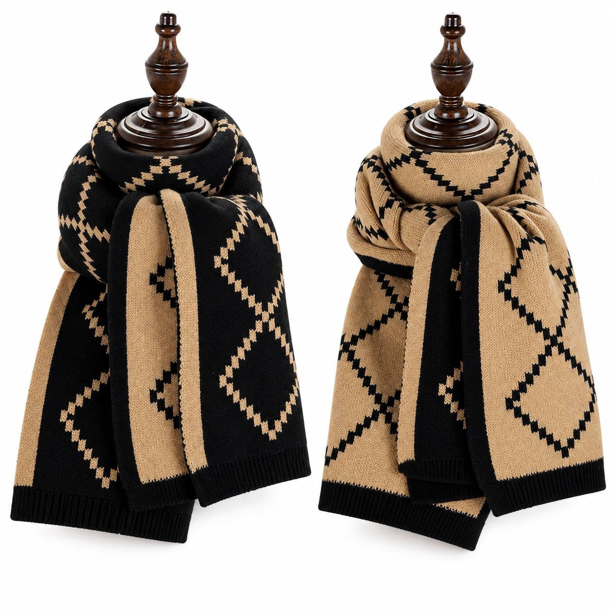 Ribbed Trim Scarf With Stepped Diamond Pattern – Black And Camel