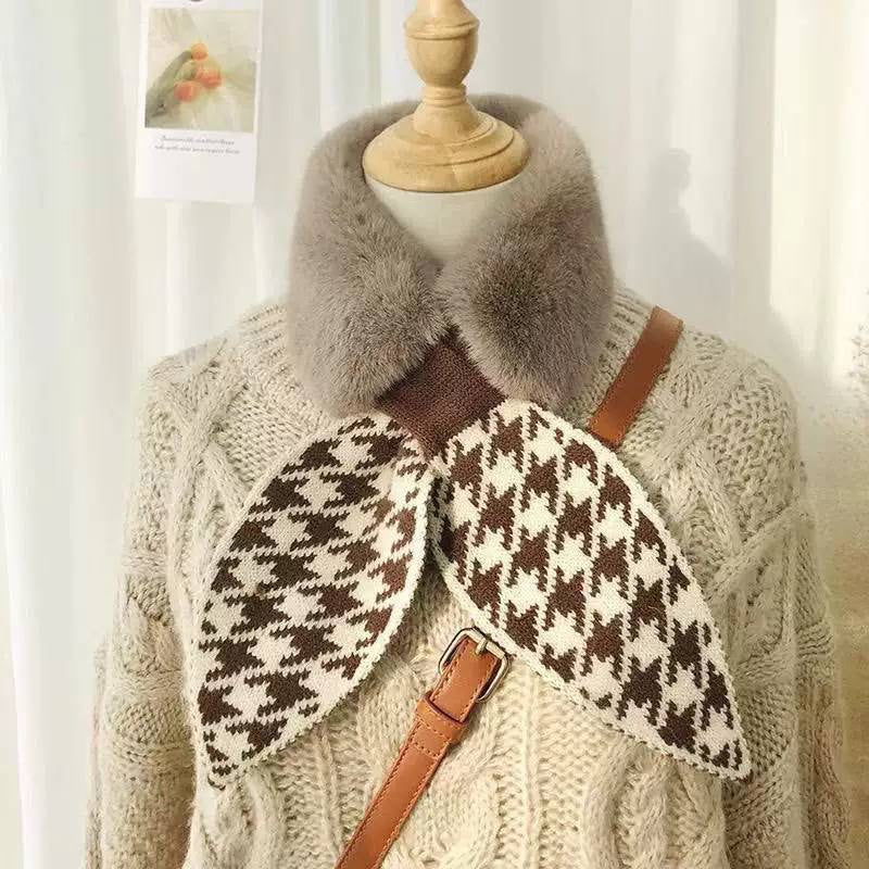 Rounded Plush-Look Collar Scarf With Patterned Bow Ends – Brown Houndstooth