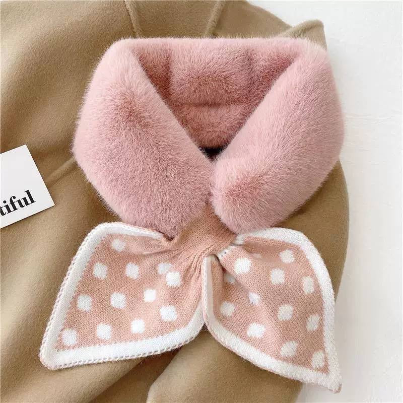 Rounded Plush-Look Collar Scarf With Patterned Bow Ends – Pink Polka Dot