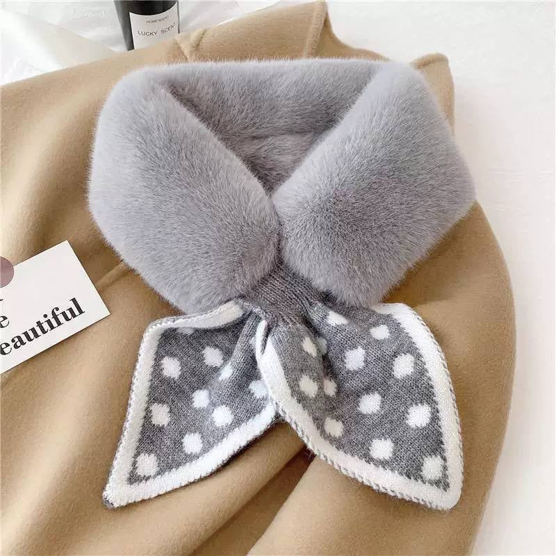 Rounded Plush-Look Collar Scarf With Patterned Bow Ends – Grey Polka Dot