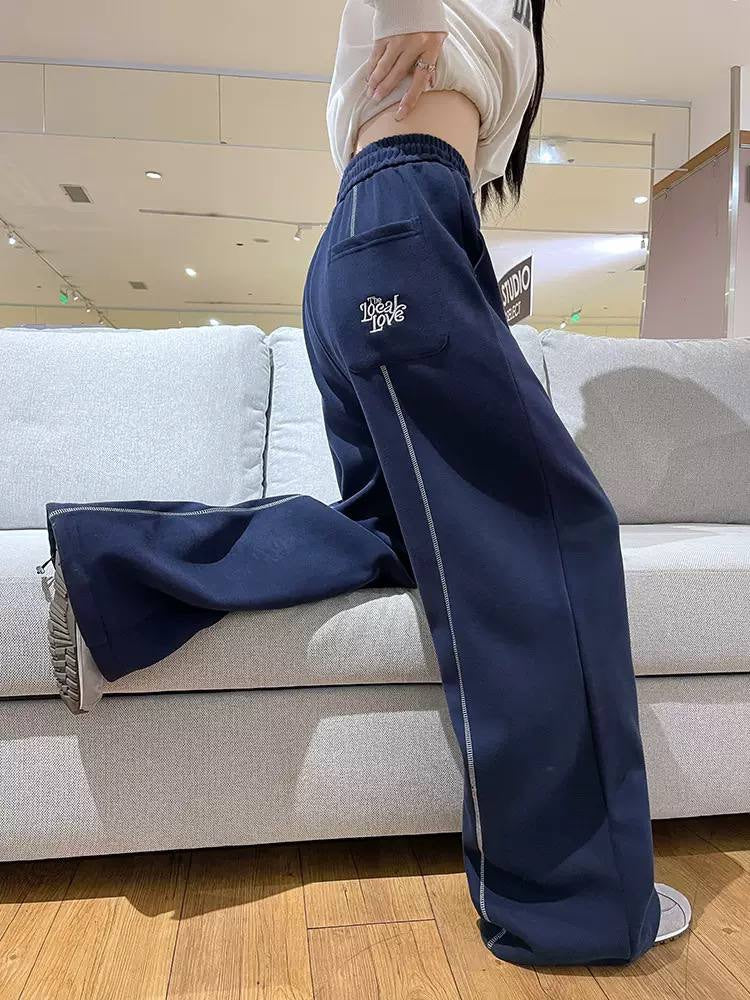 Contrast-Stitched Pants With Wide Legs And A Lettered Pocket – Navy