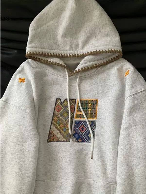 Long Sleeve Hoodie With Patterned Letters And Contrast Edging – Light Grey